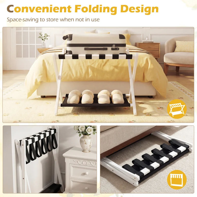 Solid Rubberwood Folding Luggage Rack, Nylon Shelves, Black & White