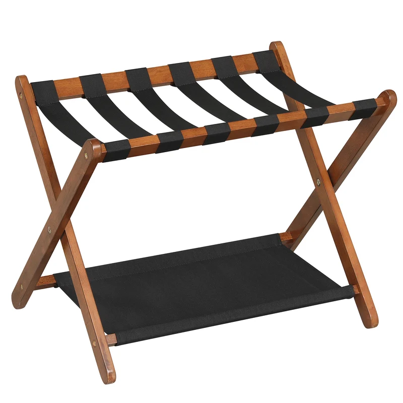 Solid Rubberwood Folding Luggage Rack With Nylon Shelves