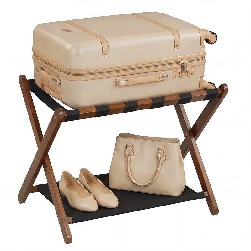 Solid Rubberwood Folding Luggage Rack With Nylon Shelves