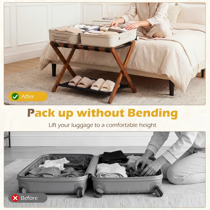 Solid Rubberwood Folding Luggage Rack With Nylon Shelves