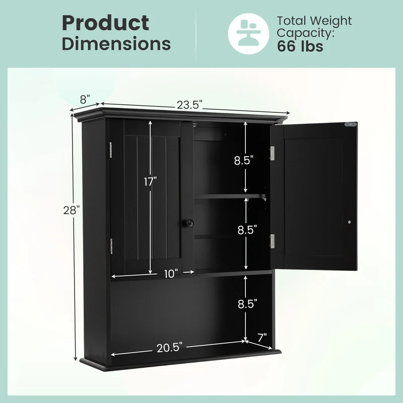Wall Mount Bathroom Storage Cabinet, 2-Door, Black