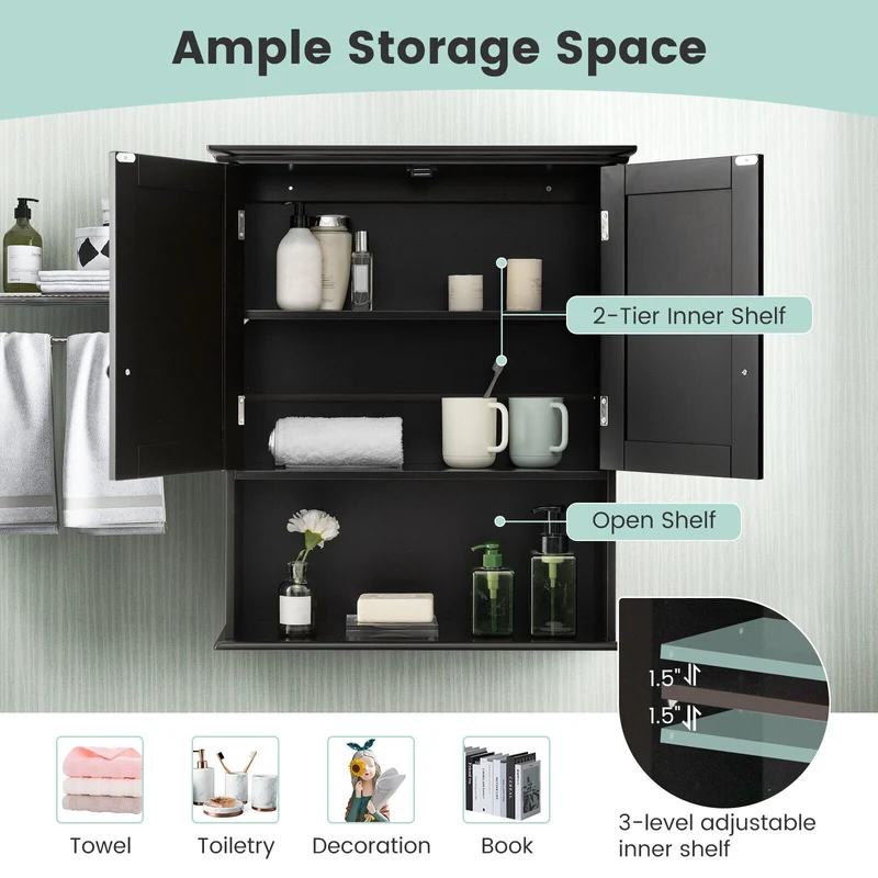 Wall Mount Bathroom Storage Cabinet, 2-Door, Black