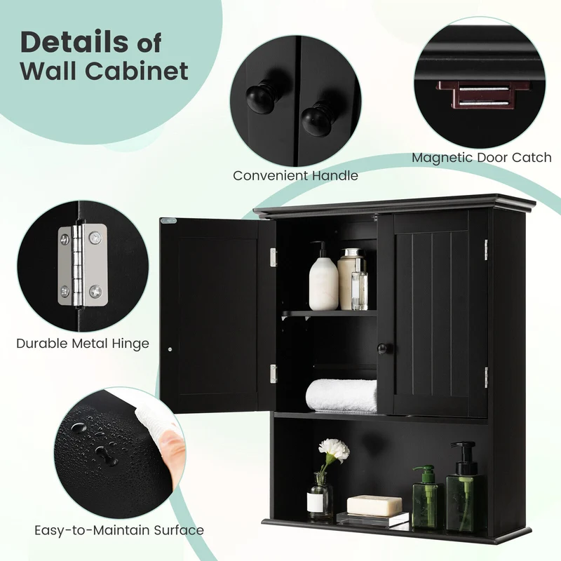 Wall Mount Bathroom Storage Cabinet, 2-Door, Black