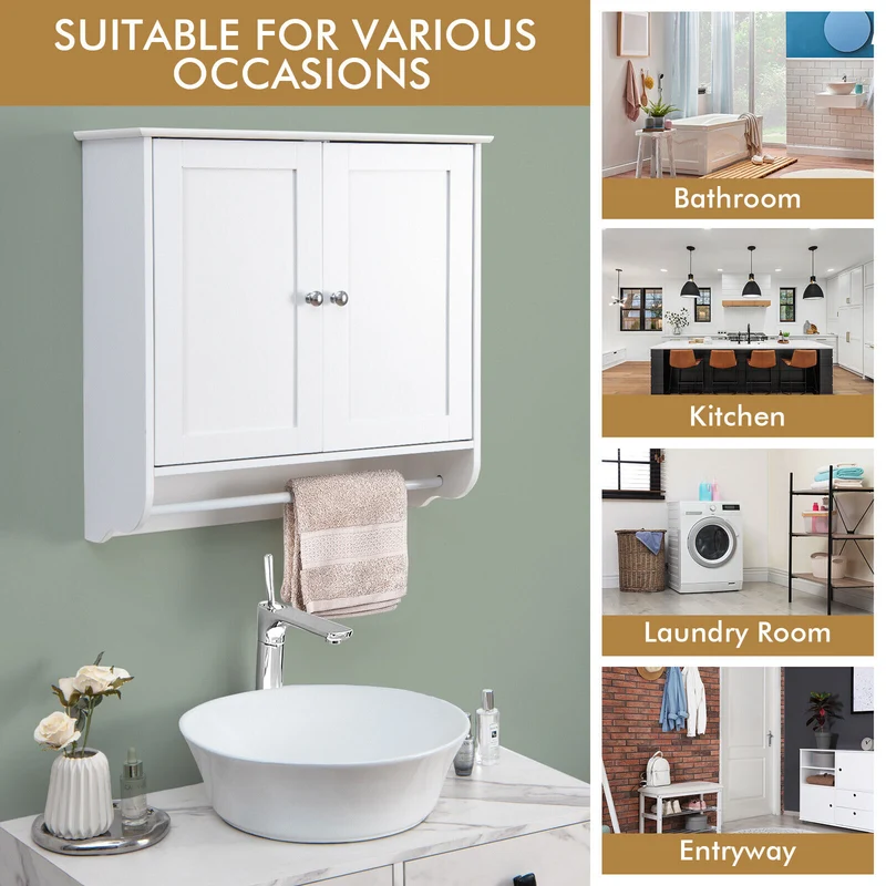 Wall Mounted Bathroom Medicine Cabinet With Towel Bar, White