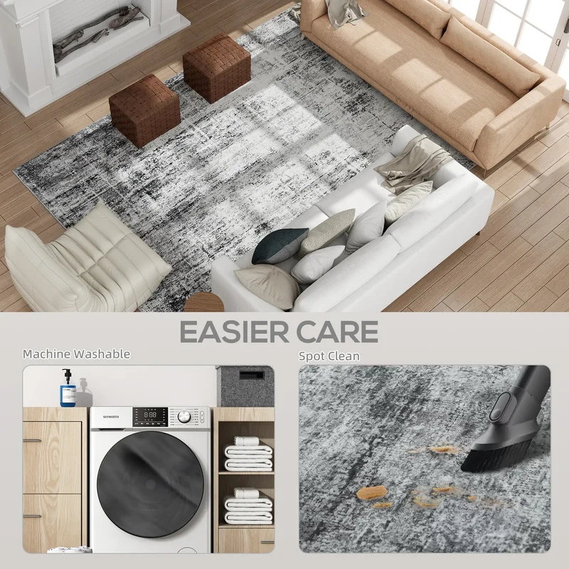 Modern Abstract Area Rug 9x12, Machine Washable, Non-Slip, Grey