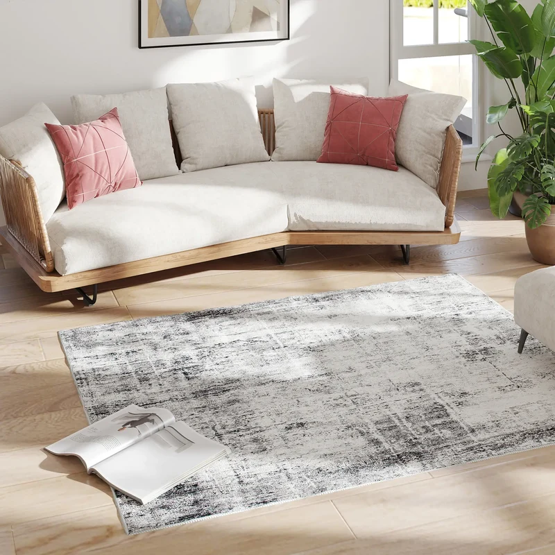 Modern Abstract Area Rug 9x12, Machine Washable, Non-Slip, Grey