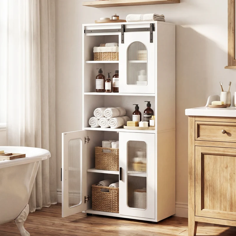 Farmhouse Bathroom Floor Cabinet, Sliding Barn Door, White