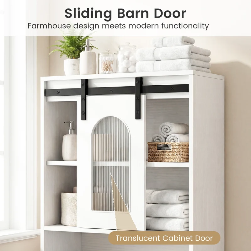 Farmhouse Bathroom Floor Cabinet, Sliding Barn Door, White