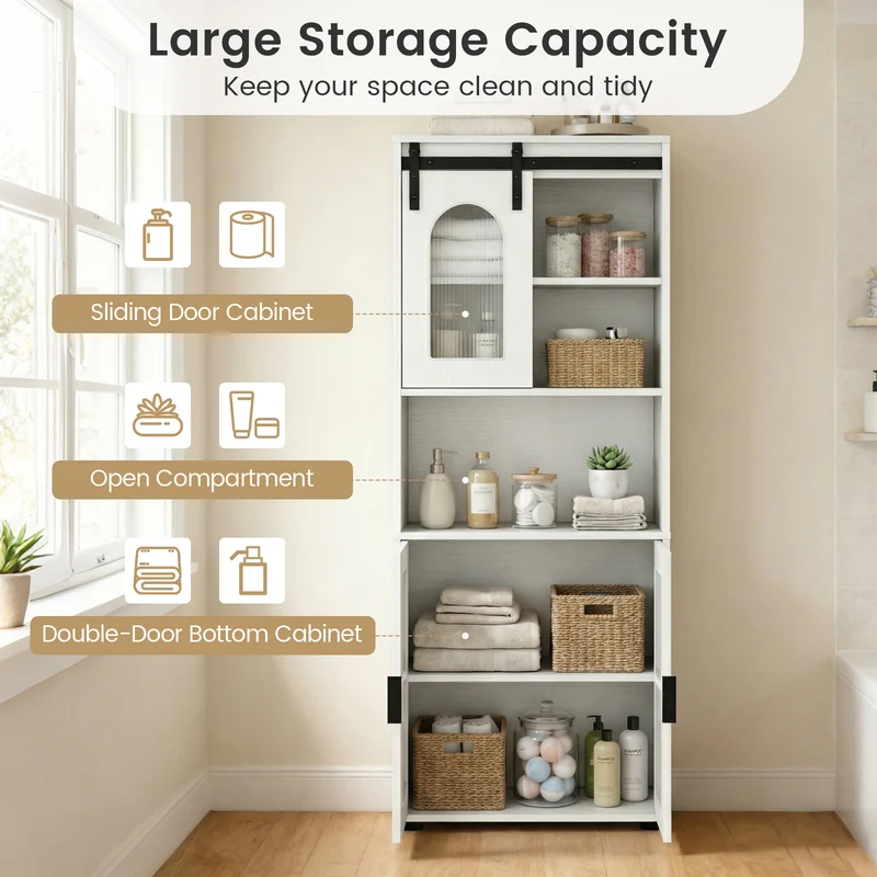 Farmhouse Bathroom Floor Cabinet, Sliding Barn Door, White