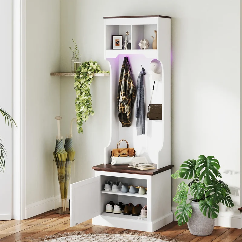 3-in-1 Hall Tree, LED Lights, Bench, Coat Rack, Shoe Storage, White Wood Grain, White