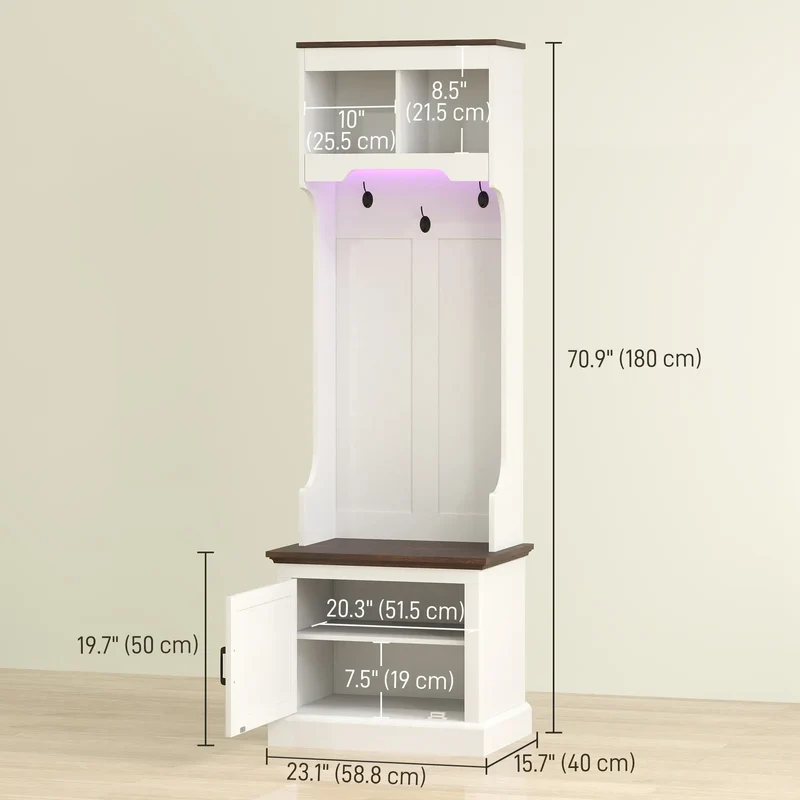 3-in-1 Hall Tree, LED Lights, Bench, Coat Rack, Shoe Storage, White Wood Grain, White