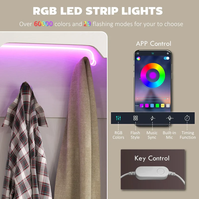 3-in-1 Hall Tree, LED Lights, Bench, Coat Rack, Shoe Storage, White Wood Grain, White