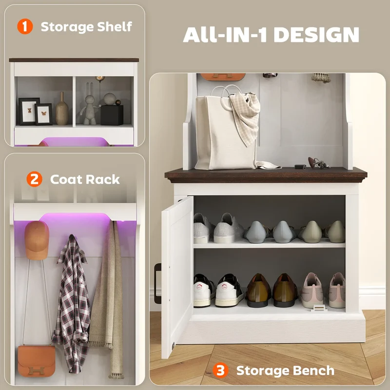 3-in-1 Hall Tree, LED Lights, Bench, Coat Rack, Shoe Storage, White Wood Grain, White