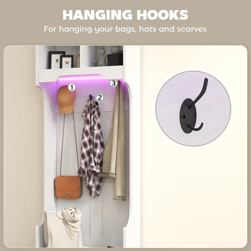3-in-1 Hall Tree, LED Lights, Bench, Coat Rack, Shoe Storage, White Wood Grain, White