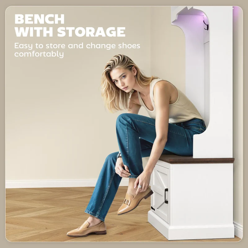 3-in-1 Hall Tree, LED Lights, Bench, Coat Rack, Shoe Storage, White Wood Grain, White