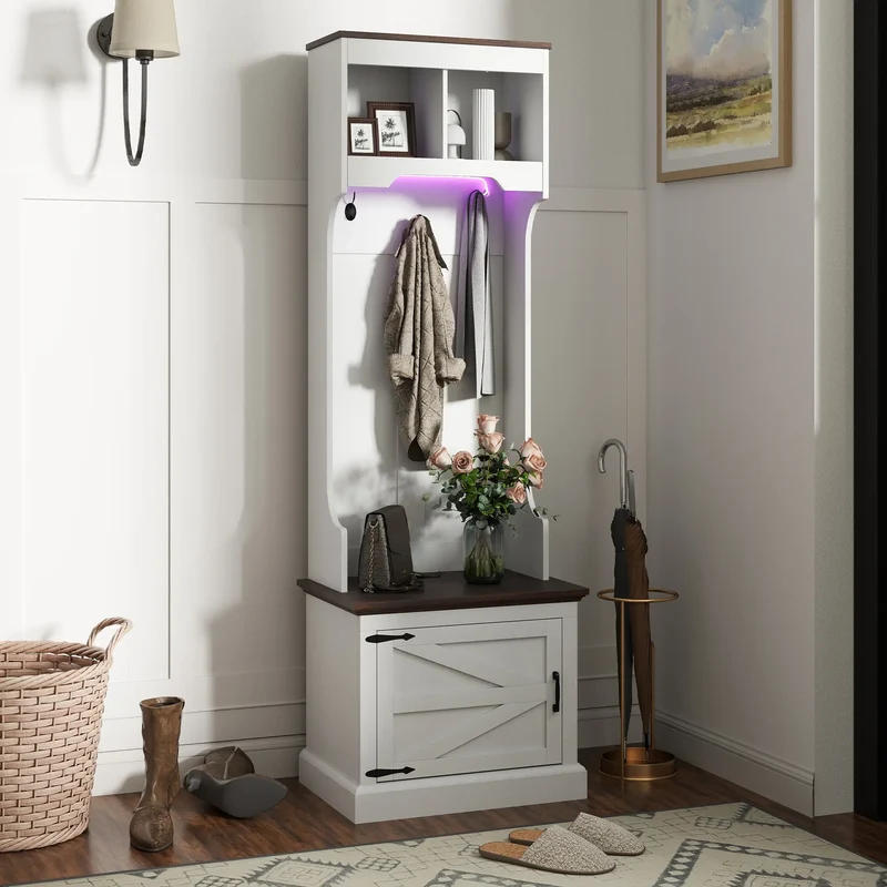 3-in-1 Hall Tree, LED Lights, Bench, Coat Rack, Shoe Storage, White Wood Grain, White