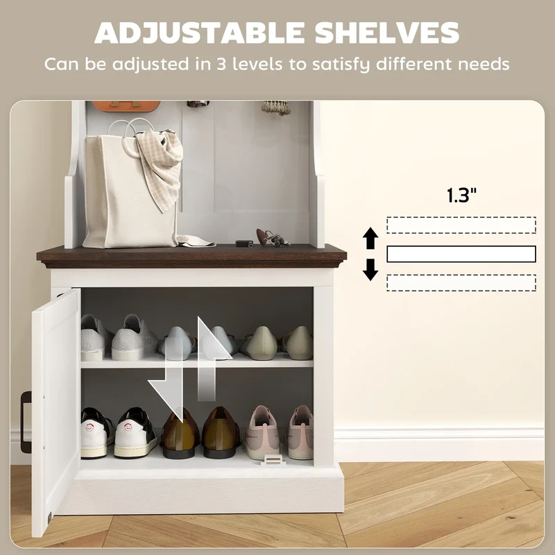 3-in-1 Hall Tree, LED Lights, Bench, Coat Rack, Shoe Storage, White Wood Grain, White