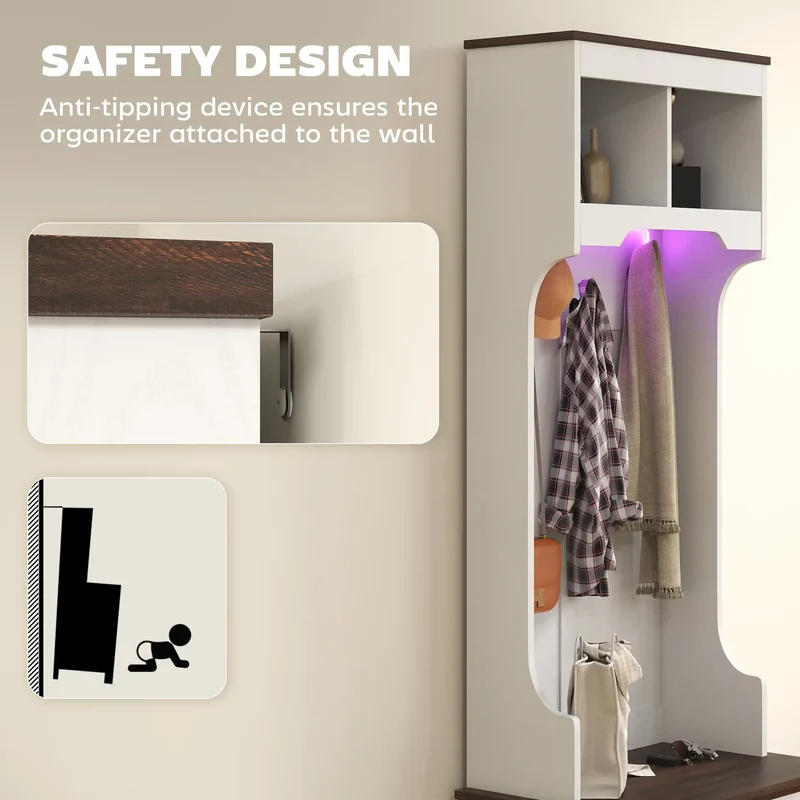 3-in-1 Hall Tree, LED Lights, Bench, Coat Rack, Shoe Storage, White Wood Grain, White