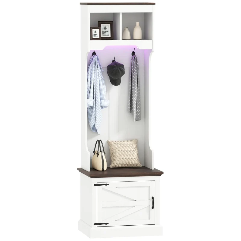 3-in-1 Hall Tree, LED Lights, Bench, Coat Rack, Shoe Storage, White Wood Grain, White