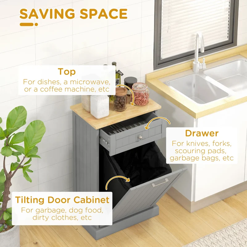 Kitchen Tilt Out Trash Bin Cabinet, Free Standing, Grey