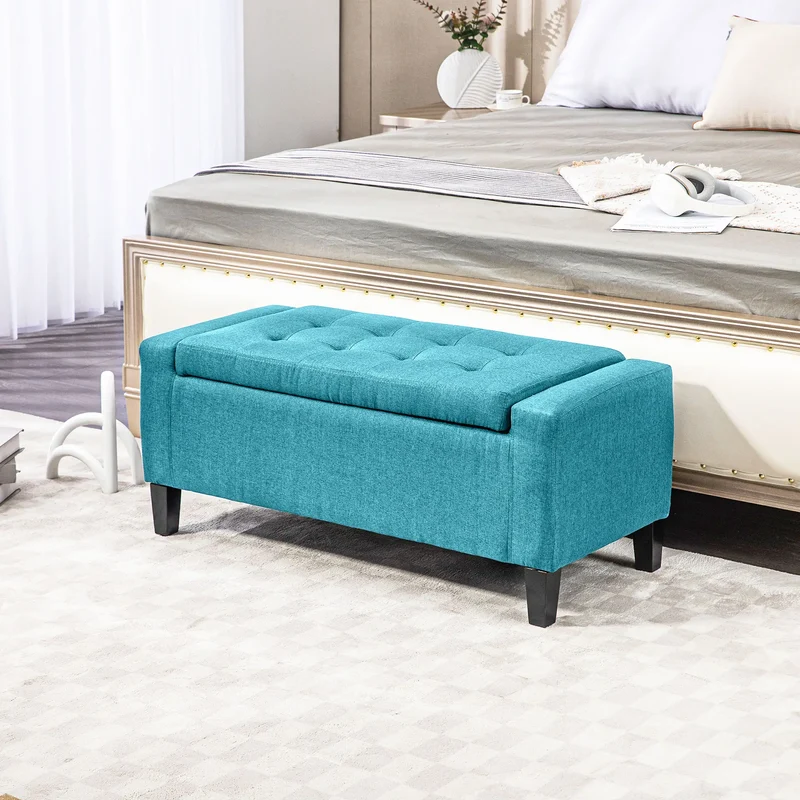 Linen Upholstered Storage Ottoman Bench, Tufted Design, Green