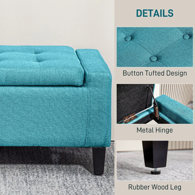 Linen Upholstered Storage Ottoman Bench, Tufted Design, Green