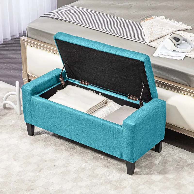 Linen Upholstered Storage Ottoman Bench, Tufted Design, Green