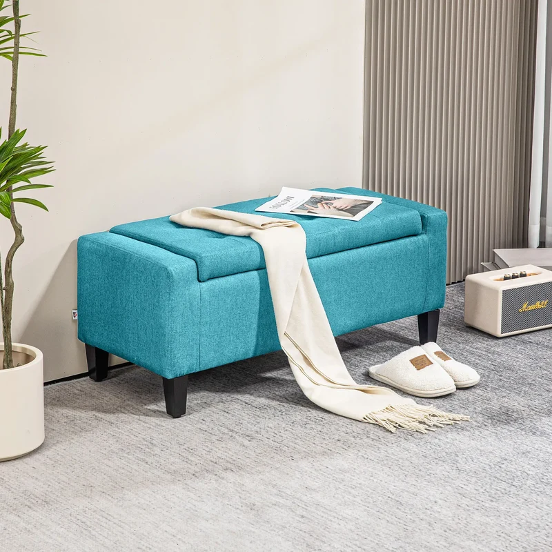 Linen Upholstered Storage Ottoman Bench, Tufted Design, Green