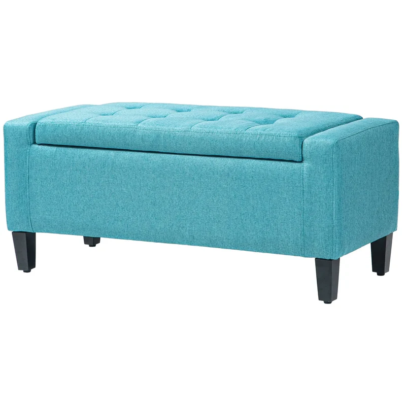 Linen Upholstered Storage Ottoman Bench, Tufted Design, Green