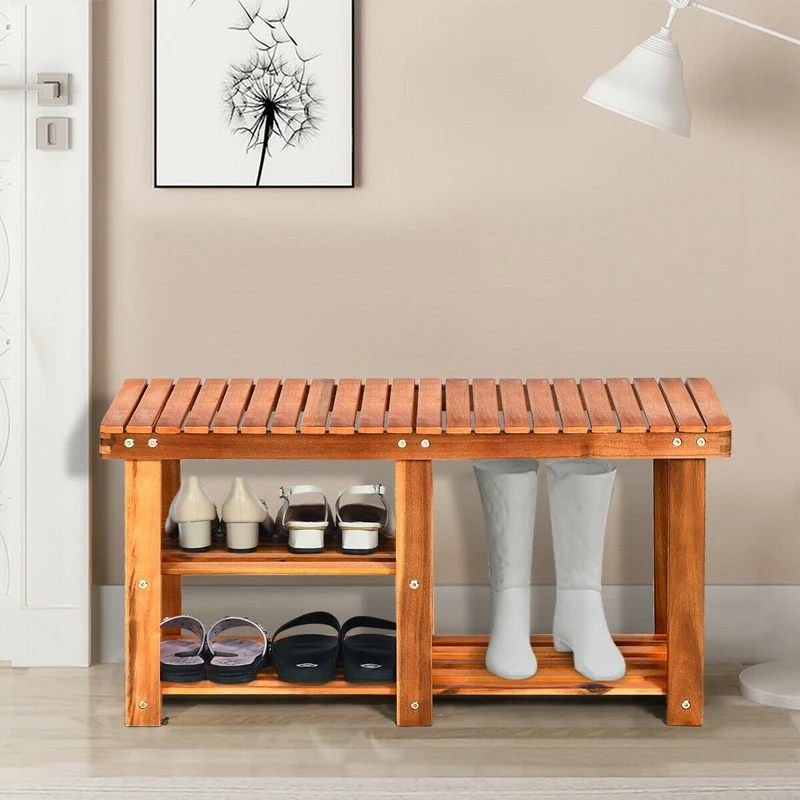 3-Tier Wooden Shoe Organizer With Seat, Natural