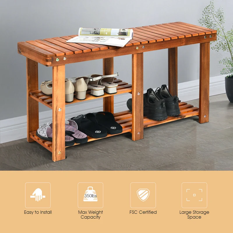 3-Tier Wooden Shoe Organizer With Seat, Natural