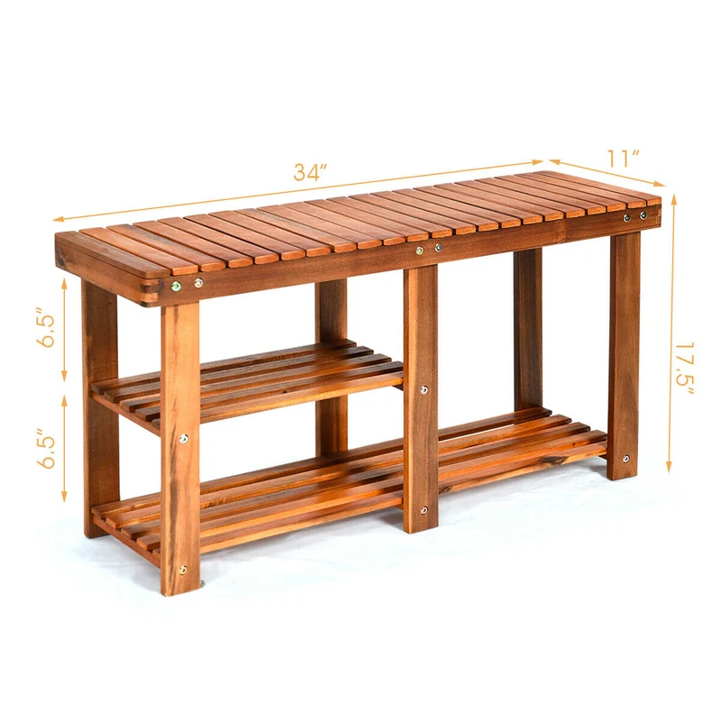 3-Tier Wooden Shoe Organizer With Seat, Natural