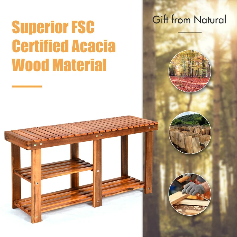 3-Tier Wooden Shoe Organizer With Seat, Natural