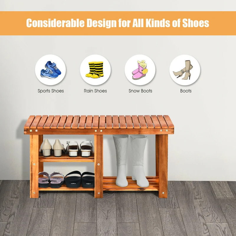 3-Tier Wooden Shoe Organizer With Seat, Natural