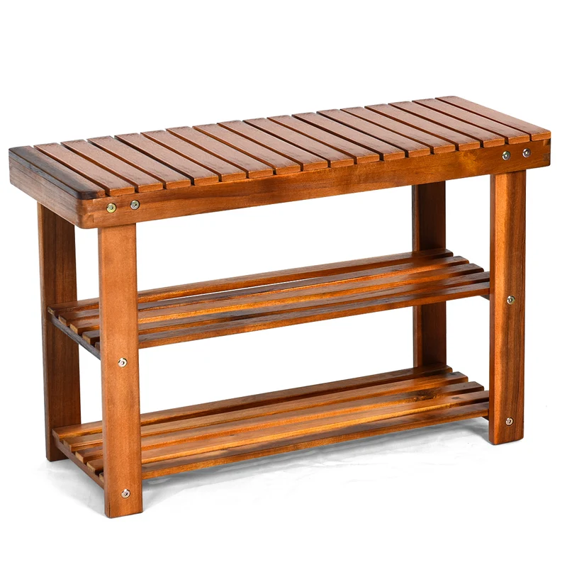 Freestanding Wood Bench, 3-Tier Storage Shelves, Natural