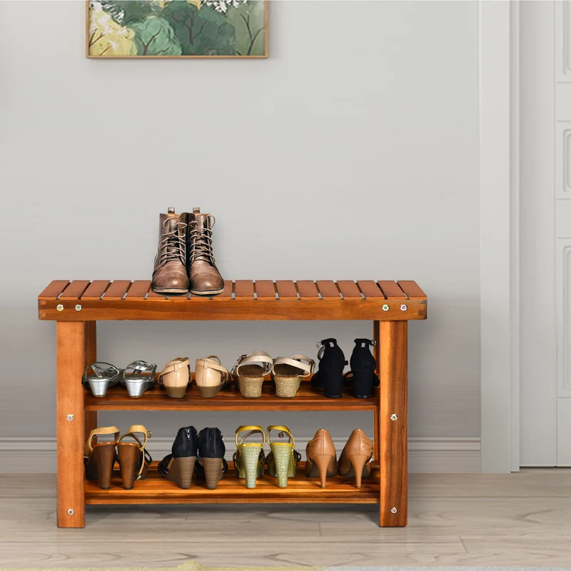 Freestanding Wood Bench, 3-Tier Storage Shelves, Natural