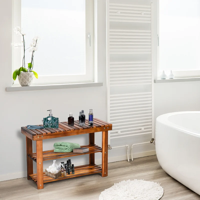 Freestanding Wood Bench, 3-Tier Storage Shelves, Natural