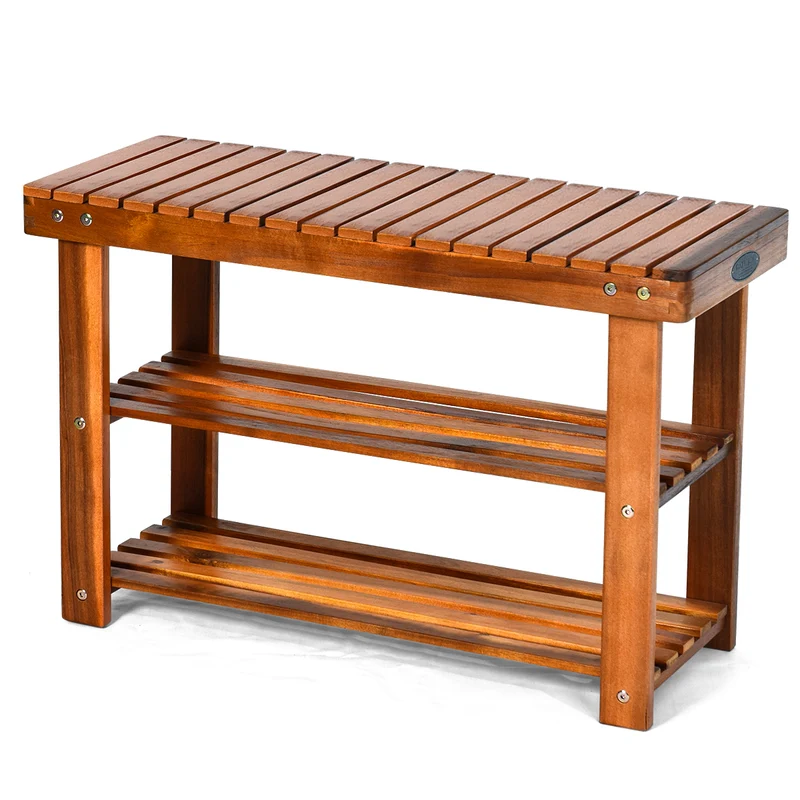 Freestanding Wood Bench, 3-Tier Storage Shelves, Natural