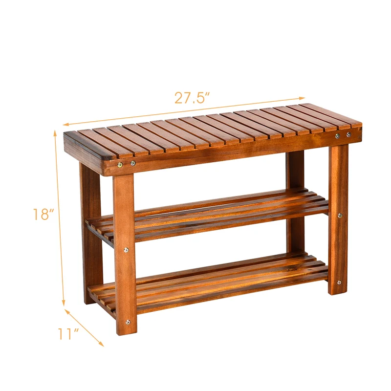 Freestanding Wood Bench, 3-Tier Storage Shelves, Natural