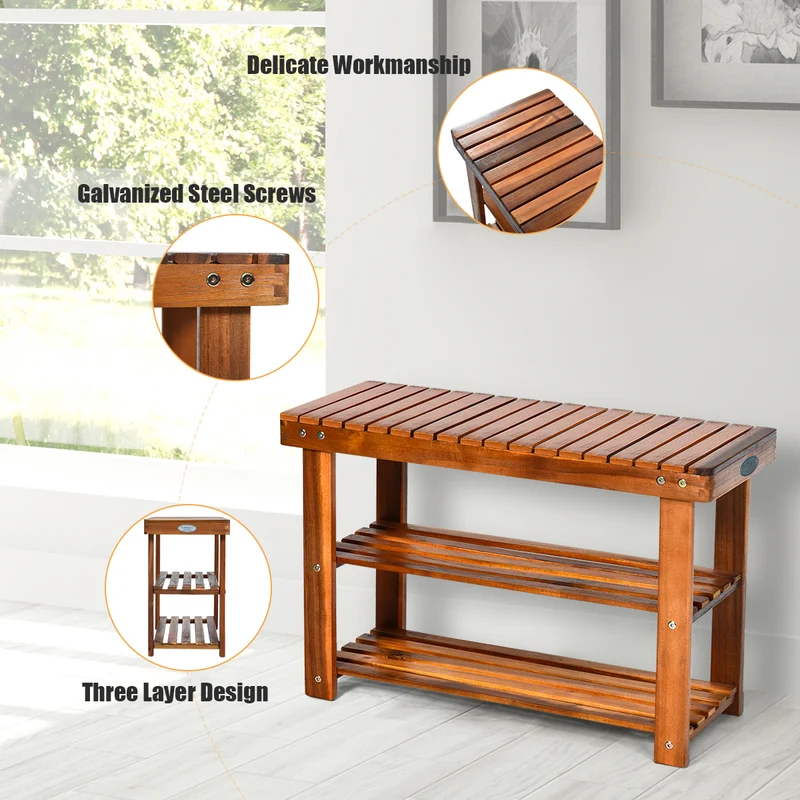 Freestanding Wood Bench, 3-Tier Storage Shelves, Natural