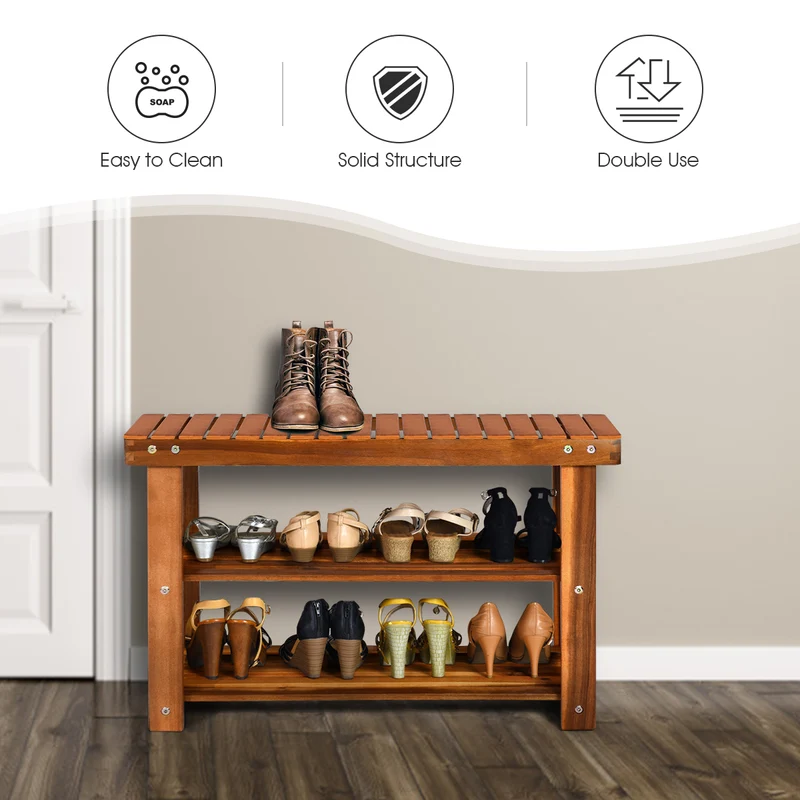 Freestanding Wood Bench, 3-Tier Storage Shelves, Natural