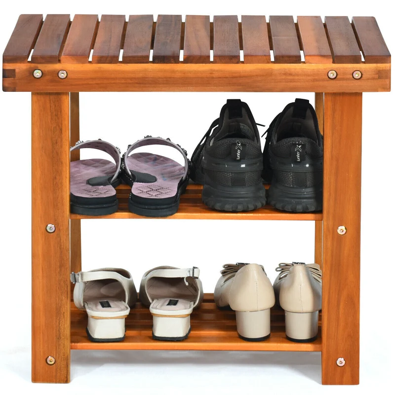 3-Tier Wood Shoe Bench Boots Organizer, Natural
