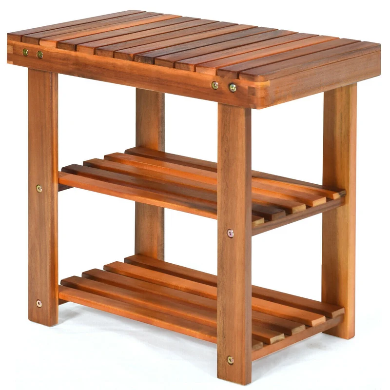 3-Tier Wood Shoe Bench Boots Organizer, Natural