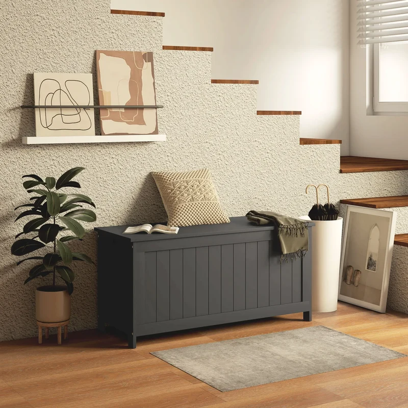 Storage Trunk, Modern Entryway Bench with Side Handles, Black
