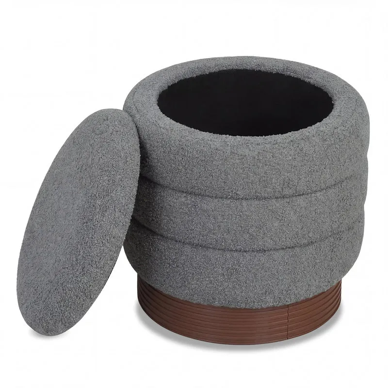 Round Storage Ottoman, Acacia Wood Frame, Gray