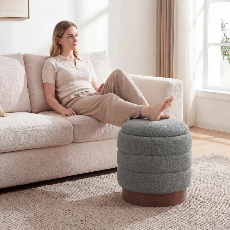 Round Storage Ottoman, Acacia Wood Frame, Gray