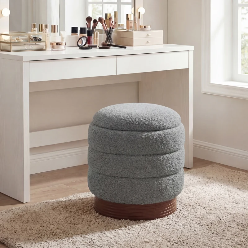 Round Storage Ottoman, Acacia Wood Frame, Gray
