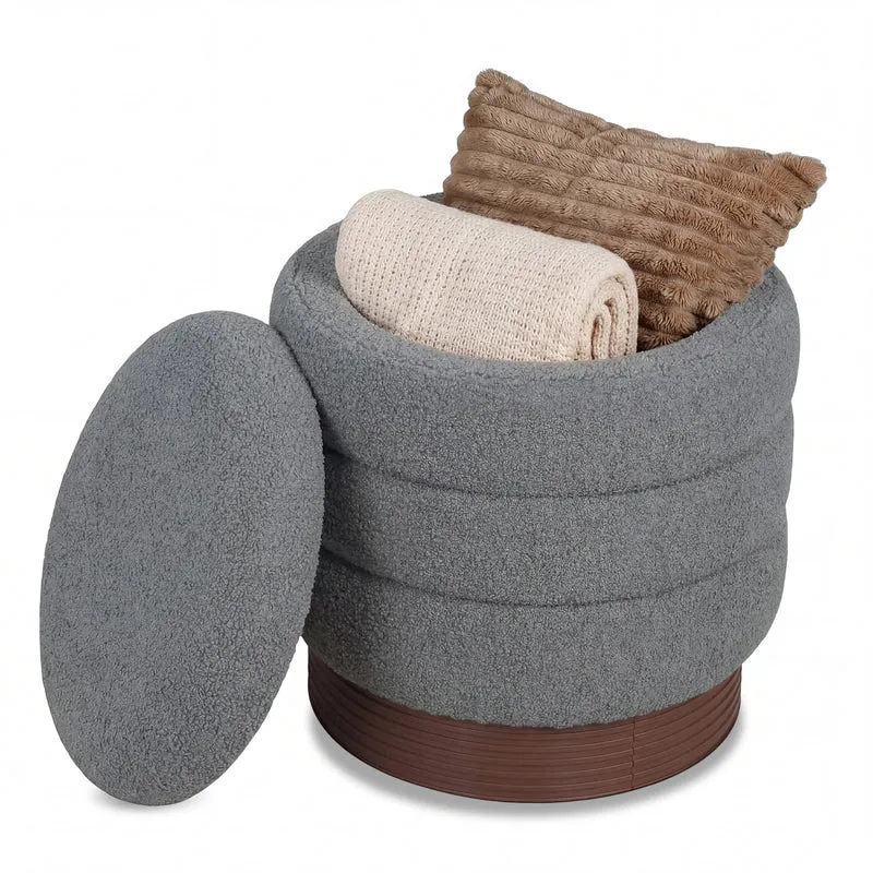 Round Storage Ottoman, Acacia Wood Frame, Gray