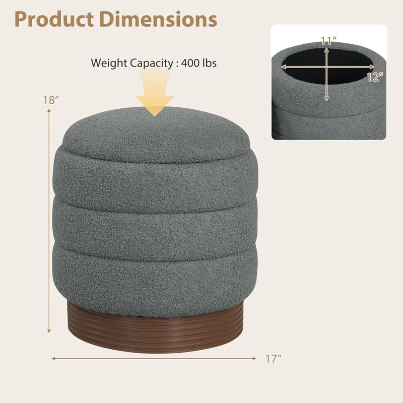 Round Storage Ottoman, Acacia Wood Frame, Gray