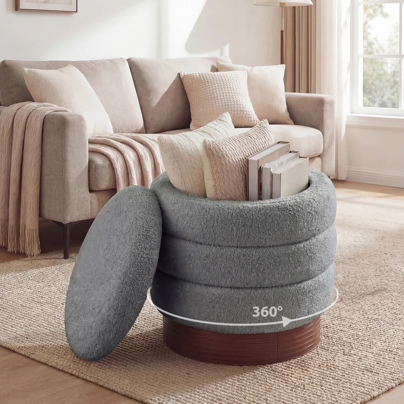 Round Storage Ottoman, Acacia Wood Frame, Gray
